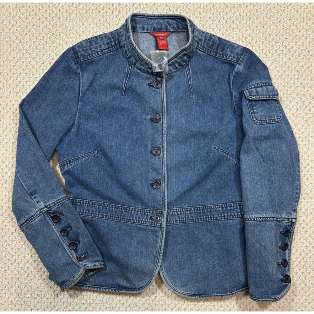 Sundance Denim Jacket Womens 12 Blue Button Up Distress Style Sleeve Pocket
